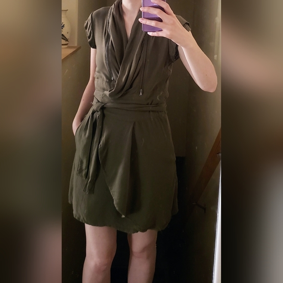 Diesel wrap dress sz Small khaki army green casual short mini cute utility style - Picture 2 of 11